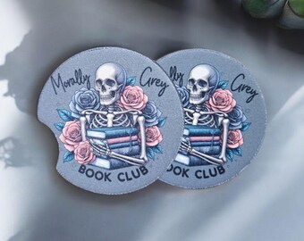 MORALLY GREY BOOK Club 車用コースター 2枚セット カーアクセサリー カップホルダーコースター 本好き スケルトン ブックギフト 新車 ドリンクコースター