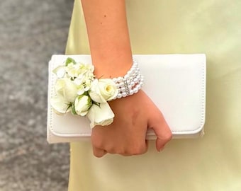 White Rose Corsage - Pearl Wristlet