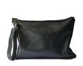 Black Leather Pouch Handbag / Leather Clutch Bag / Wristlet Clutch Purse