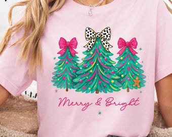 Christmas Shirt Merry & Bright Xmas Tree Shirt,Cute Jolly Tee Merry Christmas Mom Shirt,Pink Holiday Festive Bow Lights Shirt,Christmas Tree