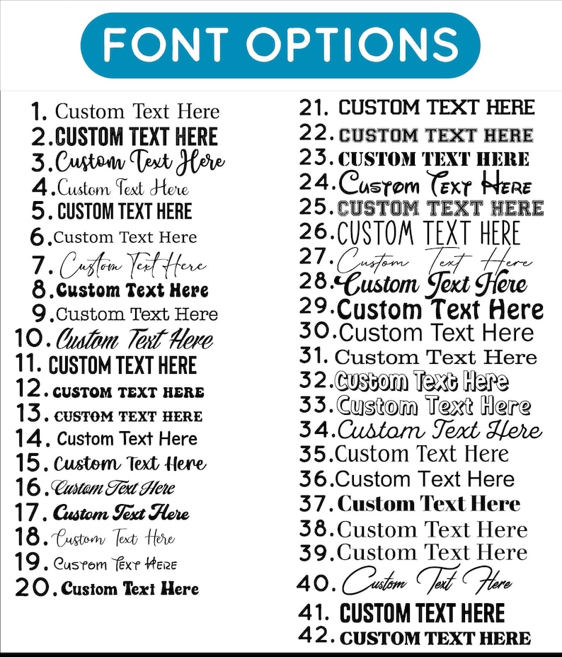 a list of font options, including various custom text options, which are likely intended for use in graphic design or other creative projects.