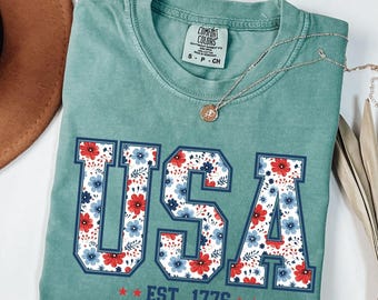 Comfort Colors® Floral USA Shirt, American Girl Shirt, USA Est 1776 Shirt, Girly 4th of July Shirt, Patriotic Women Shirt, Flower USA Shirt