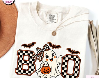 Comfort Colors® Coquette Boo Ghost Shirt, Halloween Checkered Ghost T-Shirt, Spooky Season Shirt, Halloween Bats Tee, Fall Pumpkin Ghost Tee