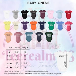 a collection of baby onesies in various colors, sizes, and styles, along with a table providing the corresponding width and length measurements.
