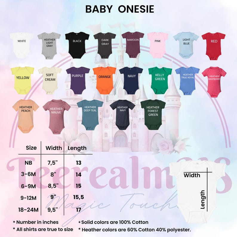 a collection of baby onesies in various colors, sizes, and styles, along with a table providing the corresponding width and length measurements.