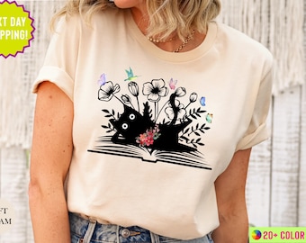 Floral Cat Shirt, Cat Book Shirt, Books and Cats Shirt,Reading Shirt,Cat Lover Shirt,Gift for Cat Lover,Gift for Book Lovers,Book Cat Tshirt