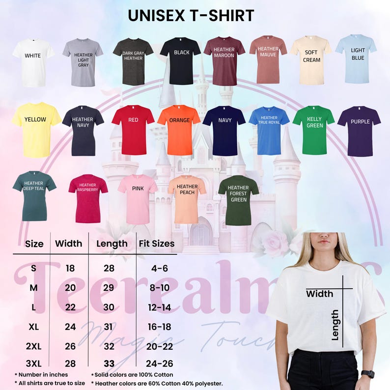 a woman standing in front of a castle wearing a t - shirt