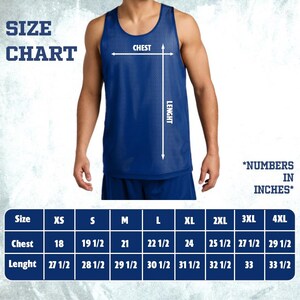 May include: A blue mesh tank top with a size chart. The chart shows chest and length measurements in inches for sizes XS to 4XL. The text "SIZE CHART" is at the top left, and "*NUMBERS IN INCHES*" is at the bottom right.