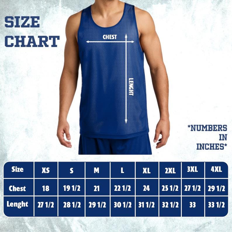 May include: A blue mesh tank top with a size chart. The chart shows chest and length measurements in inches for sizes XS to 4XL. The text "SIZE CHART" is at the top left, and "*NUMBERS IN INCHES*" is at the bottom right.