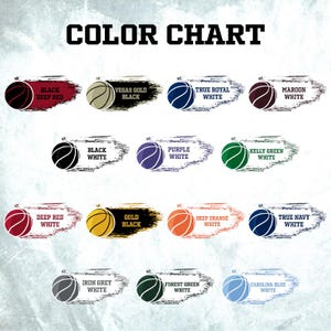 May include: A color chart displays basketballs in various color combinations. The text "COLOR CHART" is at the top. Each basketball is paired with a color name, including Deep Red, Vegas Gold, True Royal, Maroon, Black, Purple, Kelly Green, Deep Orange, and True Navy.