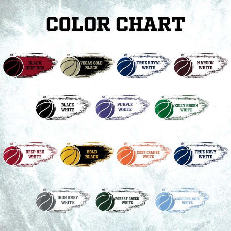 May include: A color chart displays basketballs in various color combinations. The text "COLOR CHART" is at the top. Each basketball is paired with a color name, including Deep Red, Vegas Gold, True Royal, Maroon, Black, Purple, Kelly Green, Deep Orange, and True Navy.