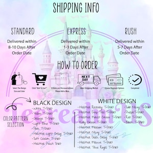 The image is a shipping information graphic with various options for shipping, including standard, express, and rush delivery times, as well as instructions for how to order.
