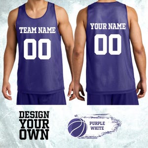 May include: Purple basketball jersey with white lettering and numbers. The front reads "TEAM NAME" and "00". The back reads "YOUR NAME" and "00". The image also includes the text "DESIGN YOUR OWN" and a basketball graphic.