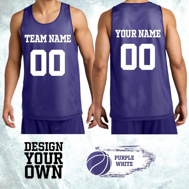 May include: Purple basketball jersey with white lettering and numbers. The front reads "TEAM NAME" and "00". The back reads "YOUR NAME" and "00". The image also includes the text "DESIGN YOUR OWN" and a basketball graphic.