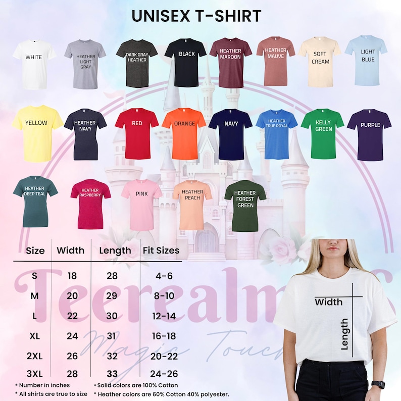 a woman standing in front of a castle wearing a t - shirt