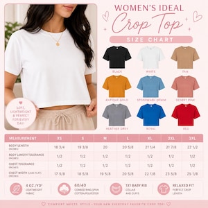 The image is a size chart for women's ideal crop tops, featuring various styles and colors. It includes a woman's torso and legs in different sizes, along with a list of measurements and corresponding crop tops. The chart provides a visual representation of the different crop top styles and their corresponding measurements, allowing customers to choose the most suitable option based on their body type and preferences.
