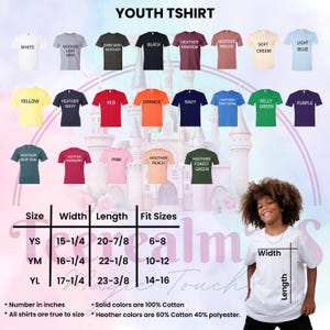 The image is a collage of various youth t-shirt designs, including different colors and styles, along with a young girl posing in front of the collage.