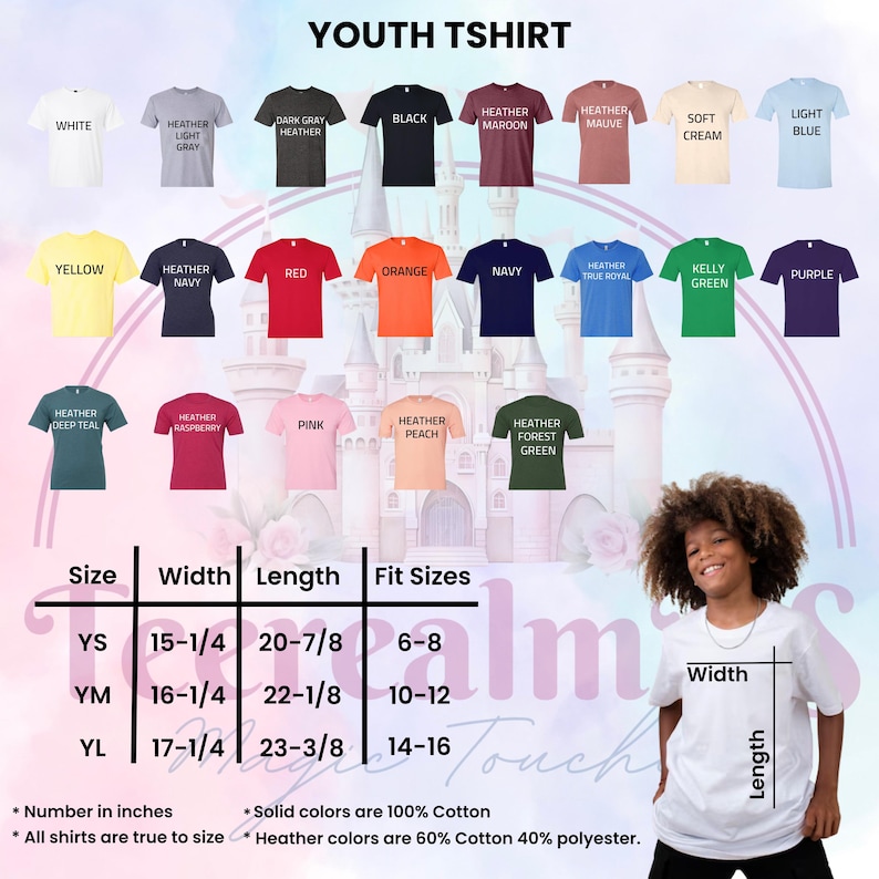 The image is a collage of various youth t-shirt designs, including different colors and styles, along with a young girl posing in front of the collage.