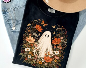 Comfort Colors® Wildflowers Ghost Shirt, Fall Spooky Season Tee, Floral Ghost Lover Gift, Botanical Floral Ghost Shirt, Halloween Women Tee