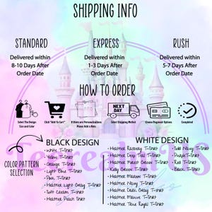 The image is a shipping information graphic with various options for shipping, including standard, express, and rush delivery times, as well as instructions for how to order.