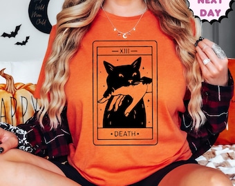 Tarot Card Black Cat Shirt, Tarot Death T-Shirt, Witchy Cat Shirt, Spooky Cat Gift,Halloween Black Cat Shirt,Cat Lover Gift,Tarot Card Shirt