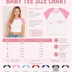 The image is a baby tee size chart that provides measurements and details for a women's micro rib raglan baby tee.