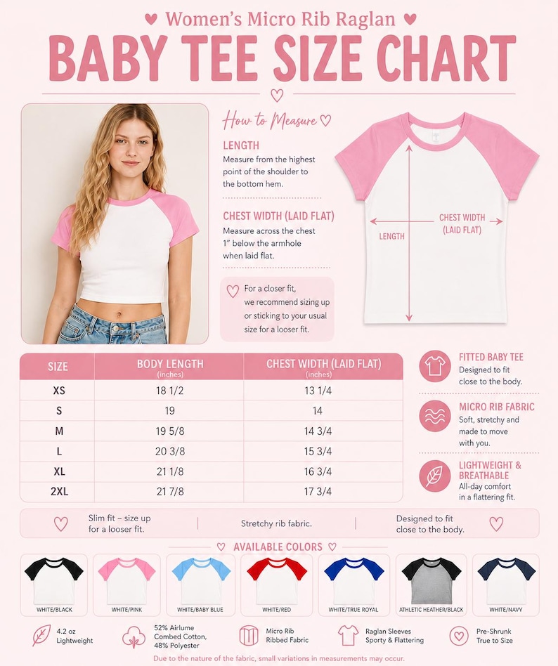 The image is a baby tee size chart that provides measurements and details for a women's micro rib raglan baby tee.