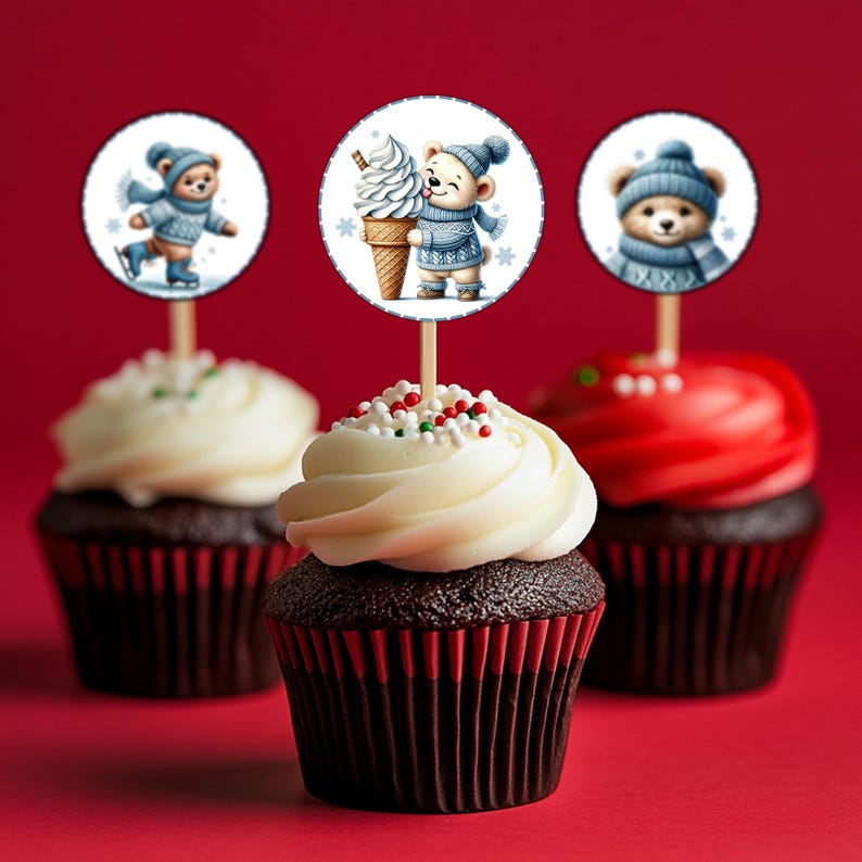 Printable Christmas Bear Cub Cupcake Toppers Blue Sweater &amp; Scarf ...