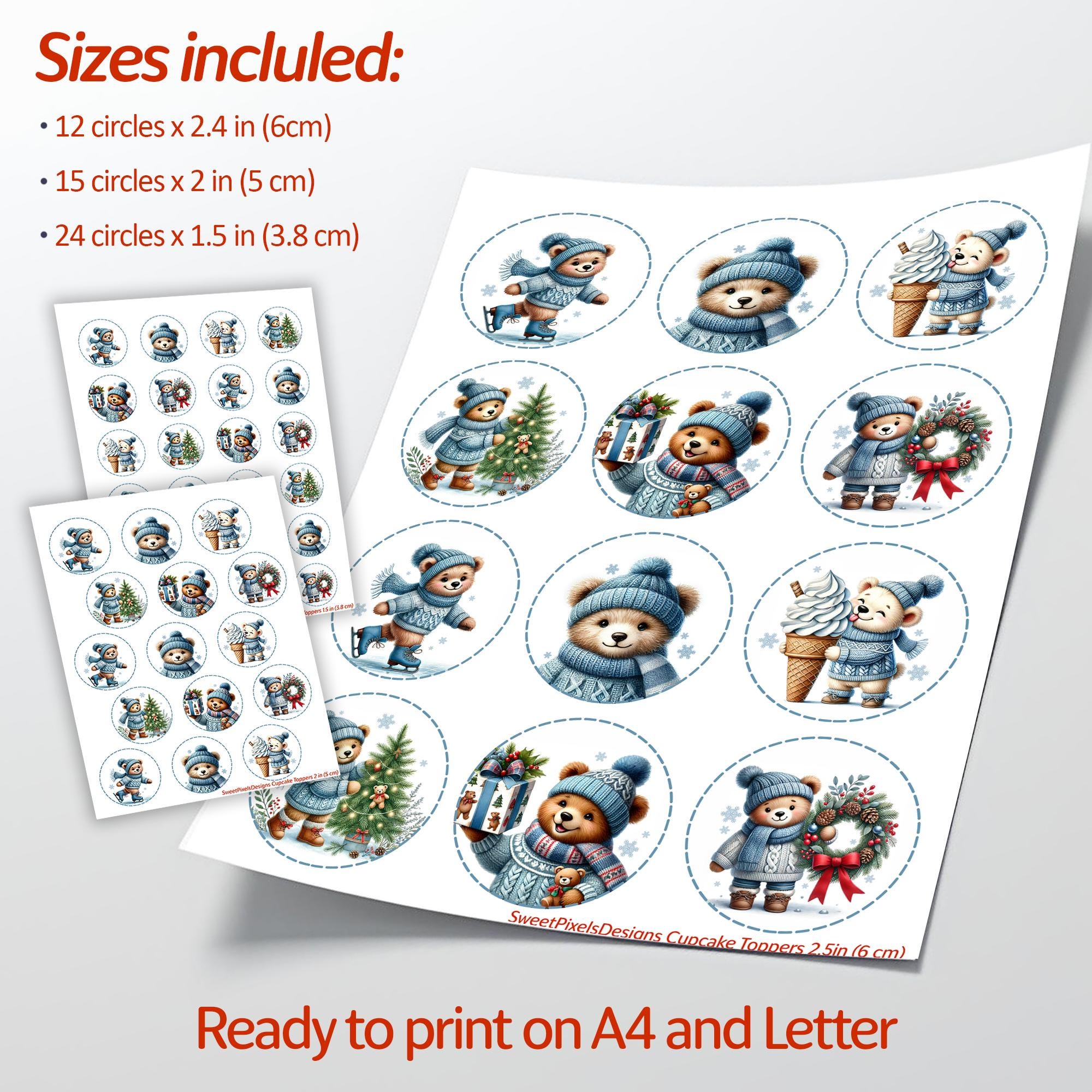 Printable Christmas Bear Cub Cupcake Toppers Blue Sweater &amp; Scarf ...