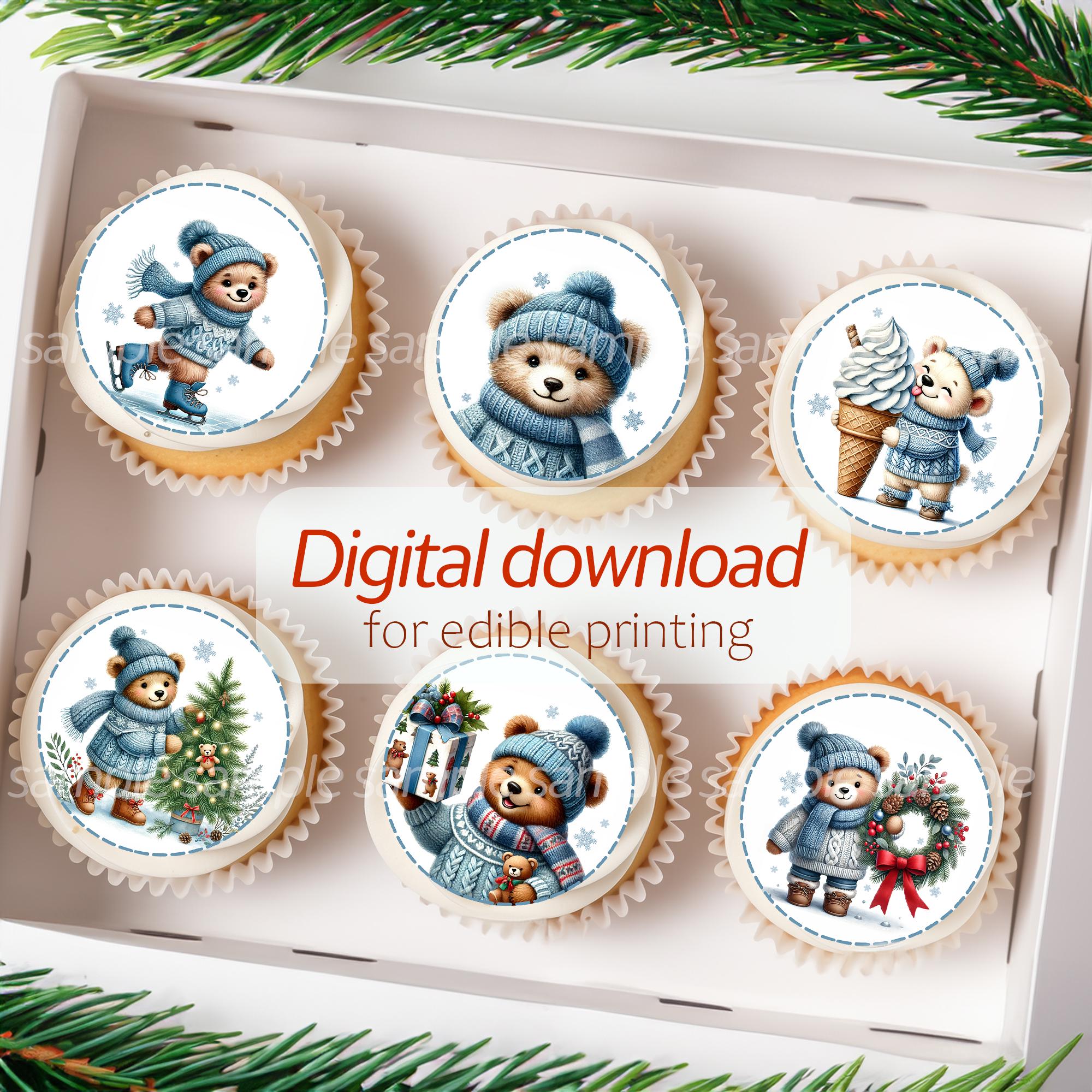 Printable Christmas Bear Cub Cupcake Toppers Blue Sweater &amp; Scarf ...