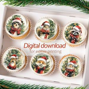 Printable Christmas Toppers | Animals in Santa Hats | Cupcakes, Cookies, Oreos, Lollipops | 2.4&quot;, 2&quot;, 1.5&quot; Circles | Instant Download