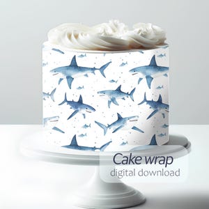Patrón de tiburones de acuarela imprimible / Envoltorios comestibles para pasteles y decoraciones para postres / Tamaño A4 y carta / Adornos comestibles / Descarga instantánea