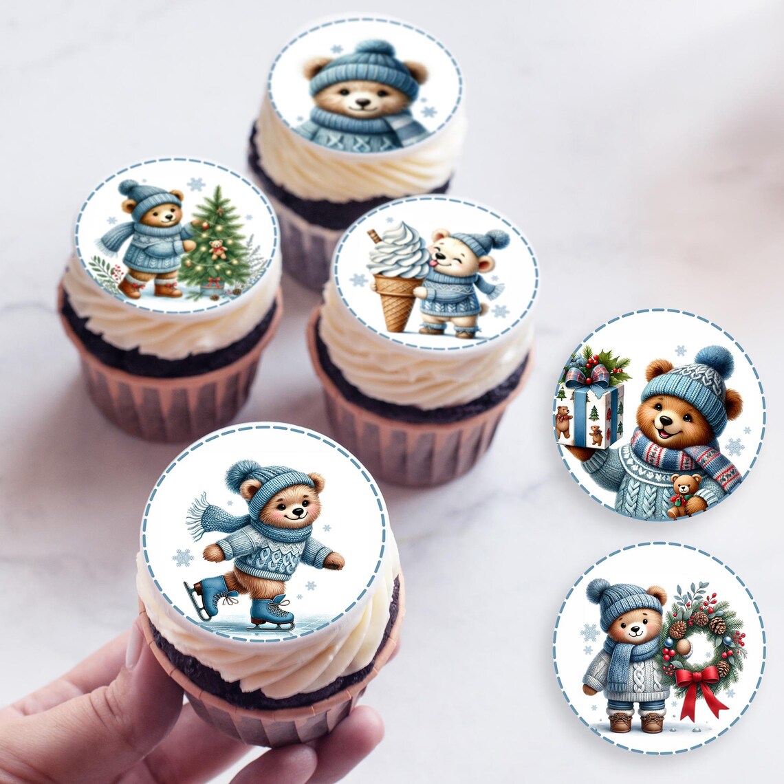Printable Christmas Bear Cub Cupcake Toppers Blue Sweater & Scarf ...
