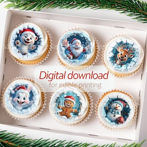 Printable Christmas 3D Break Through Ice Cupcake Toppers | Festive Holiday Decor | Edible Printing | 2.4&quot;, 2&quot;, 1.5&quot; | Instant Download