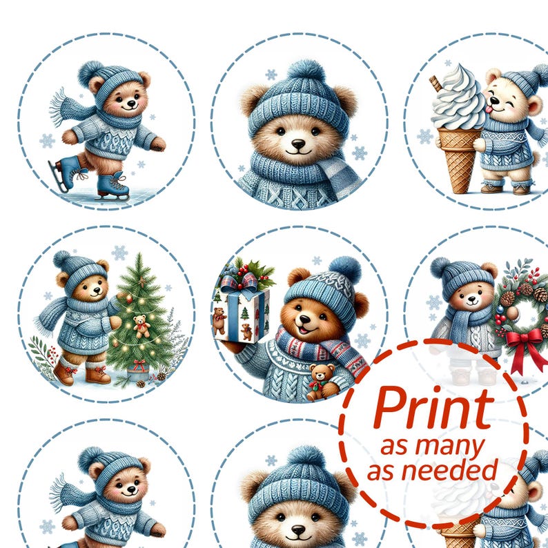 Printable Christmas Bear Cub Cupcake Toppers Blue Sweater &amp; Scarf ...