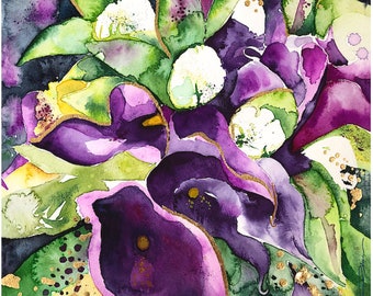 Lillies Watercolor Painting Art Print Wall Art Purple Aubergine