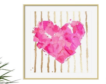 Pink Heart Watercolor Painting Art Print Love Art Print Valentine