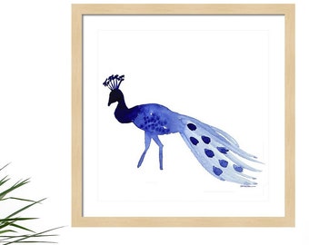 Blue Peacock Art Print-Indigo Peacock Painting-Wall Art-Animal Illustration-Decor-Exotic Bird