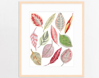 Blush Leaf Toss Art Print of Gouache Painting-Botanical Art Print