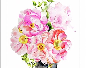 Pintura em aquarela de flores cor de rosa, impressão de arte, impressão de parede