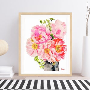 Peonies Flowers Art Print of Watercolor Painting-Wall Art