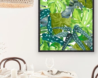 Monstera Leaves and Tropical Garden Leaves Art Print-Tropical Botanical Wall Decor