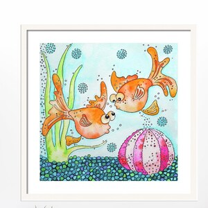 Goldfish Watercolor Art Print: Nursery Wall Decor, Aquarium Illustration