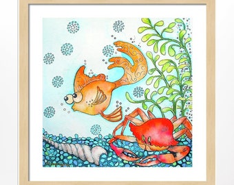 水彩画の魚のプリント - 「日本の金魚」と題された絵画、アジアの装飾