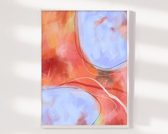 Abstract Art Print-Graphic Painting- Burnt Orange Blue Large Modern Abstract on Paper or Canvas