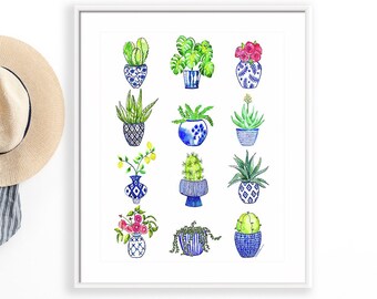 Cactus Watercolor Painting Art Print Succulents Watercolor Wall Art Wall Decor Cacti Chinoiserie Decor