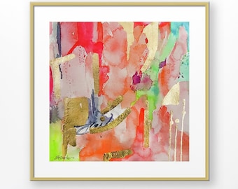 May include: Abstract watercolor painting in a gold frame. The artwork features vibrant colors including red, orange, pink, and green, with gold leaf accents. The painting has a modern, expressive style, with visible brushstrokes and drips.