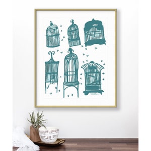 Graphic Bird Cages Art Print-Home Decor-Nursery Decor- Birds-Wall Art-Blue-Teal-Black