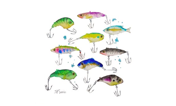 Fishing Lures Art Print of Watercolor Painting Wall Art