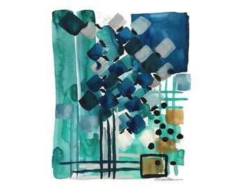 Teal Abstract Art Watercolor Painting -Home Decor-Wall Art Boho Decor Blue